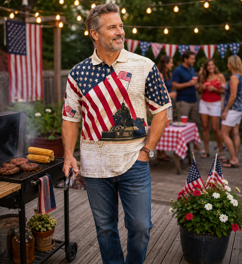 Cotton Traders Sport Mens L USA Flag Constitution Freedom Polo Shirt Patriotic
